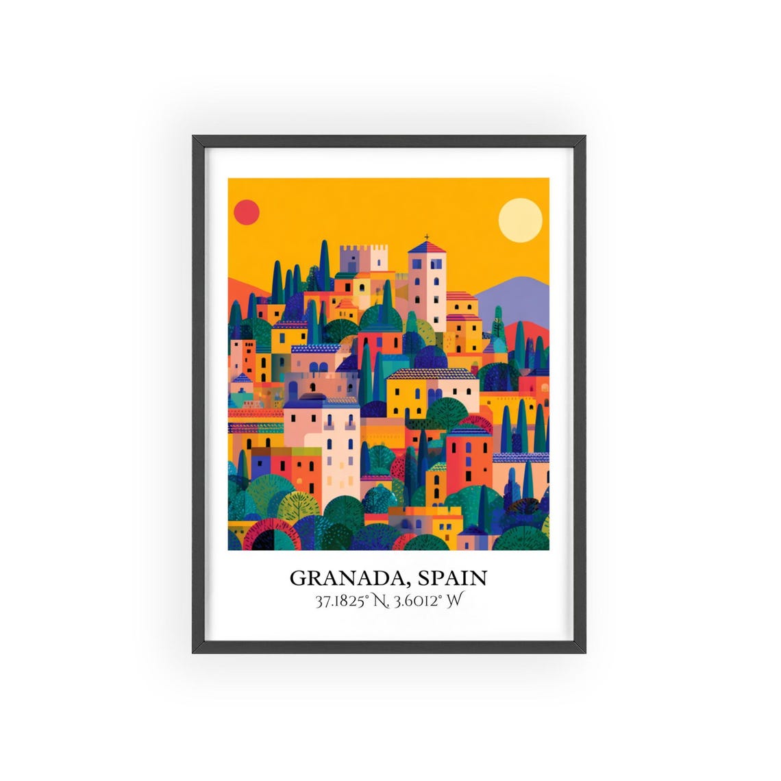 Granada Spain Hillside Town Sun And Moon Retro Travel Art Poster - Image 3
