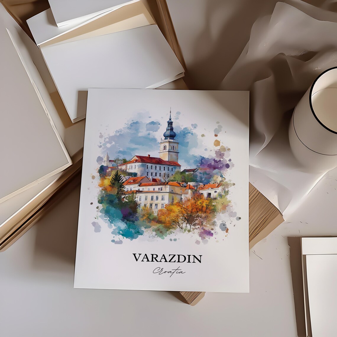 Varazdin Croatia Historic Church Tower Old Town Watercolor Poster - Image 3