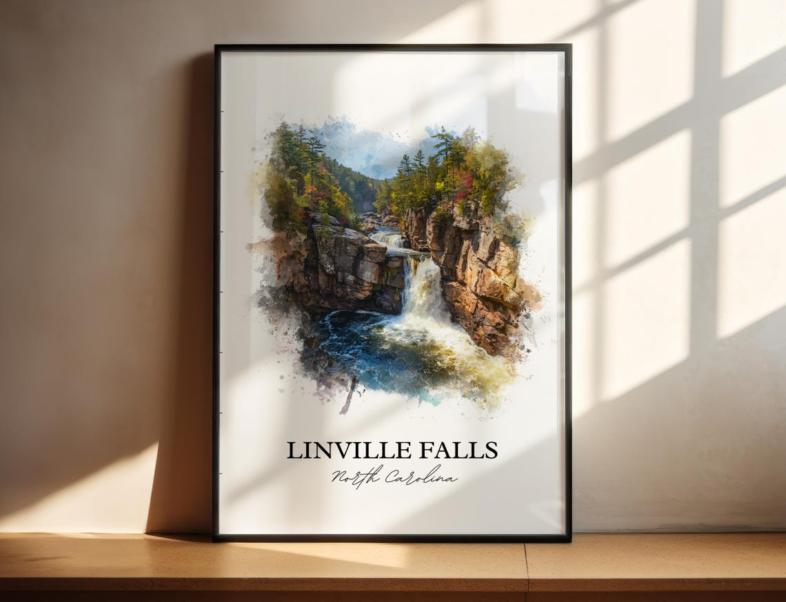 Linville Falls North Carolina Rocky Gorge Cascade Watercolor Poster