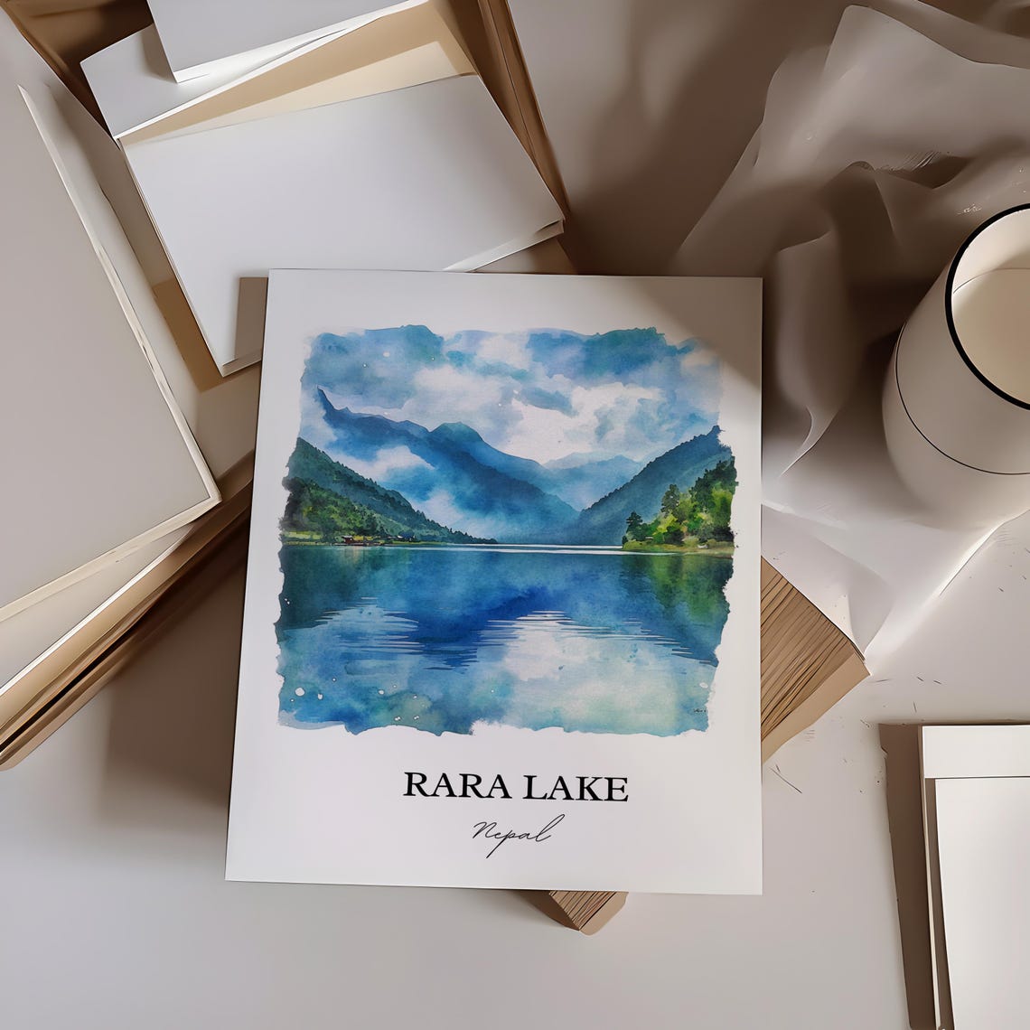 Rara Lake Nepal Watercolor Mountain Lake Reflection Travel Poster - Image 5