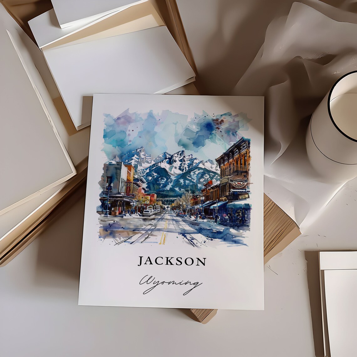 Jackson Wyoming Downtown Watercolor Snowy Mountain Travel Poster - Image 6