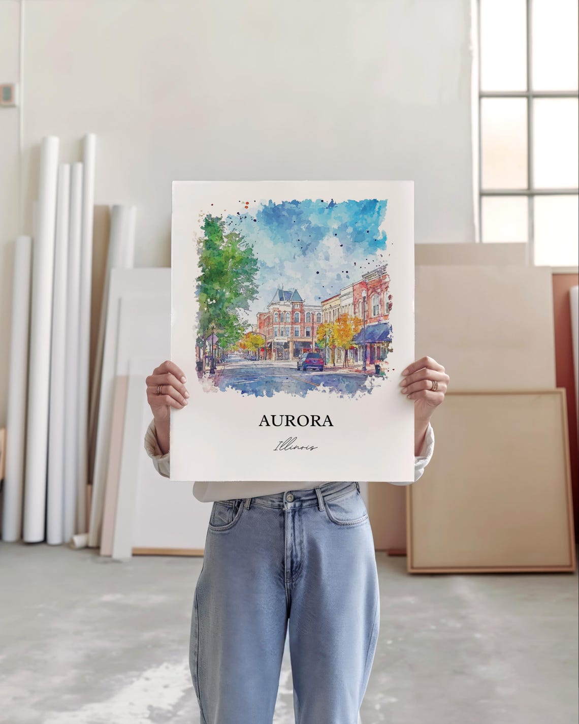 Aurora Illinois Historic Downtown Main Street Watercolor Travel Poster - Image 4