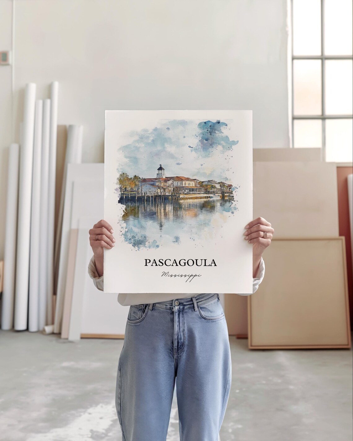 Pascagoula Mississippi Waterfront Buildings Watercolor Art Poster - Image 5