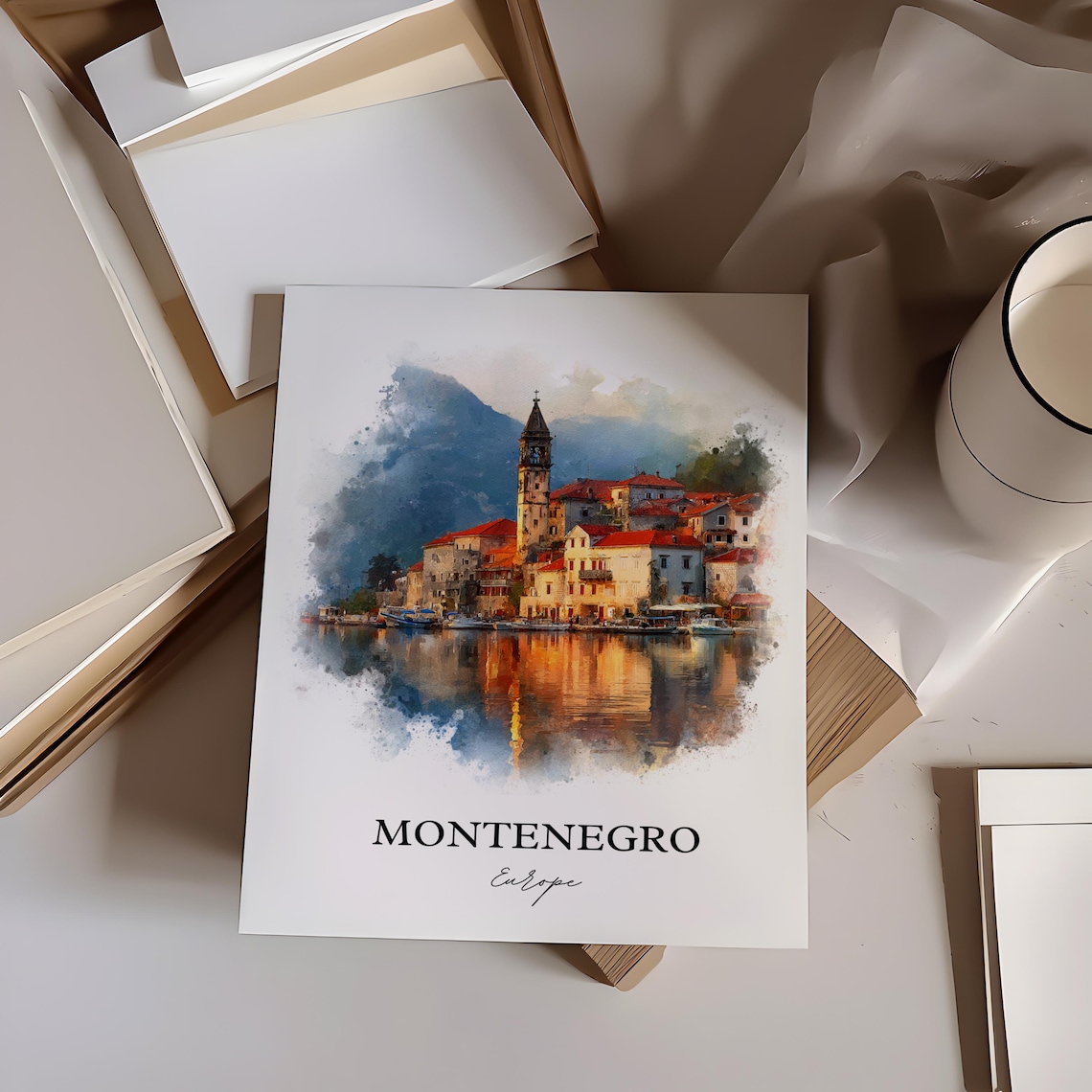 Montenegro Bay Town Red Roofs Watercolor Europe Travel Poster - Image 3