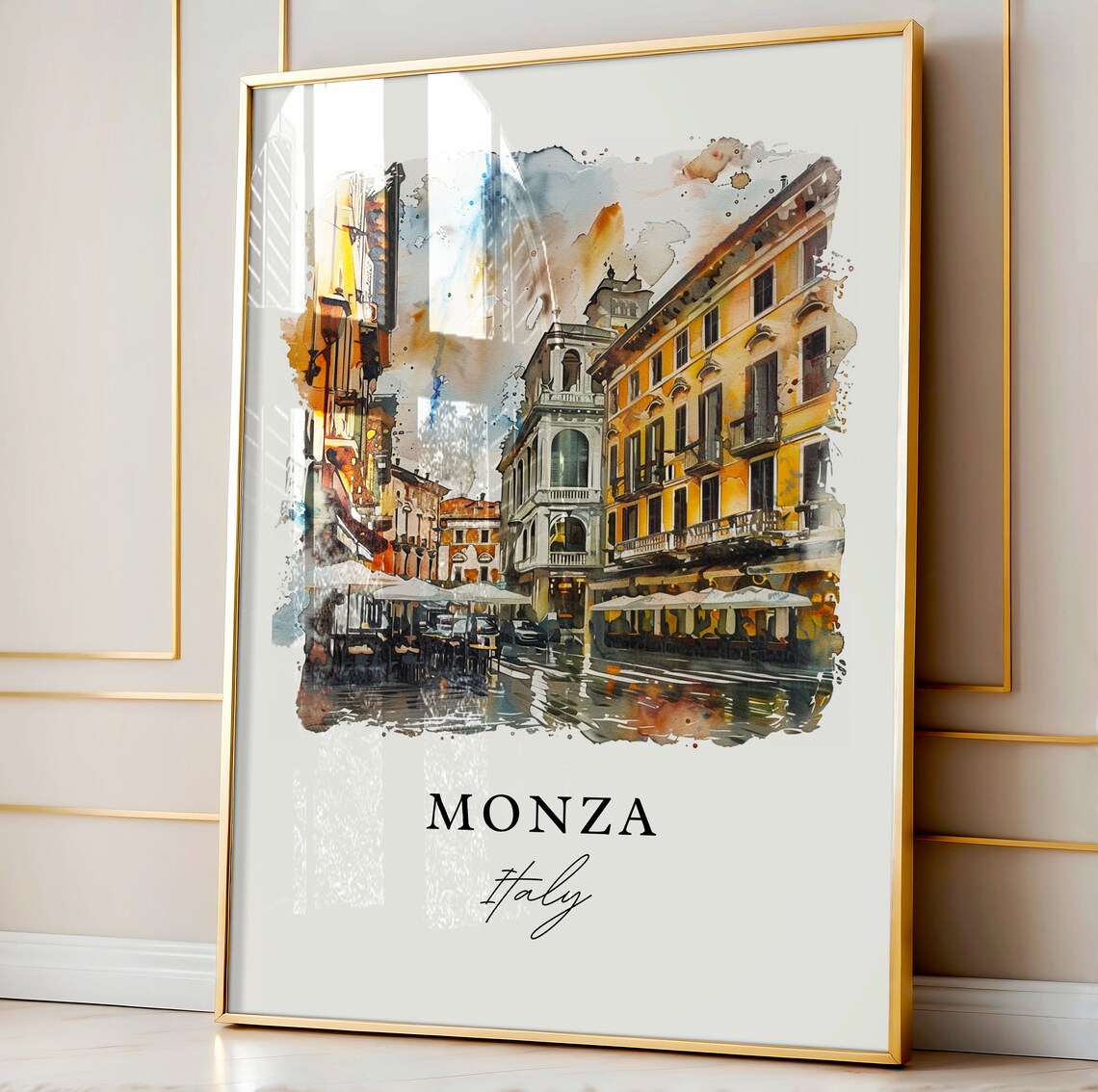 Monza Italy Piazza Cafe Umbrellas Watercolor City Street Poster - Image 3