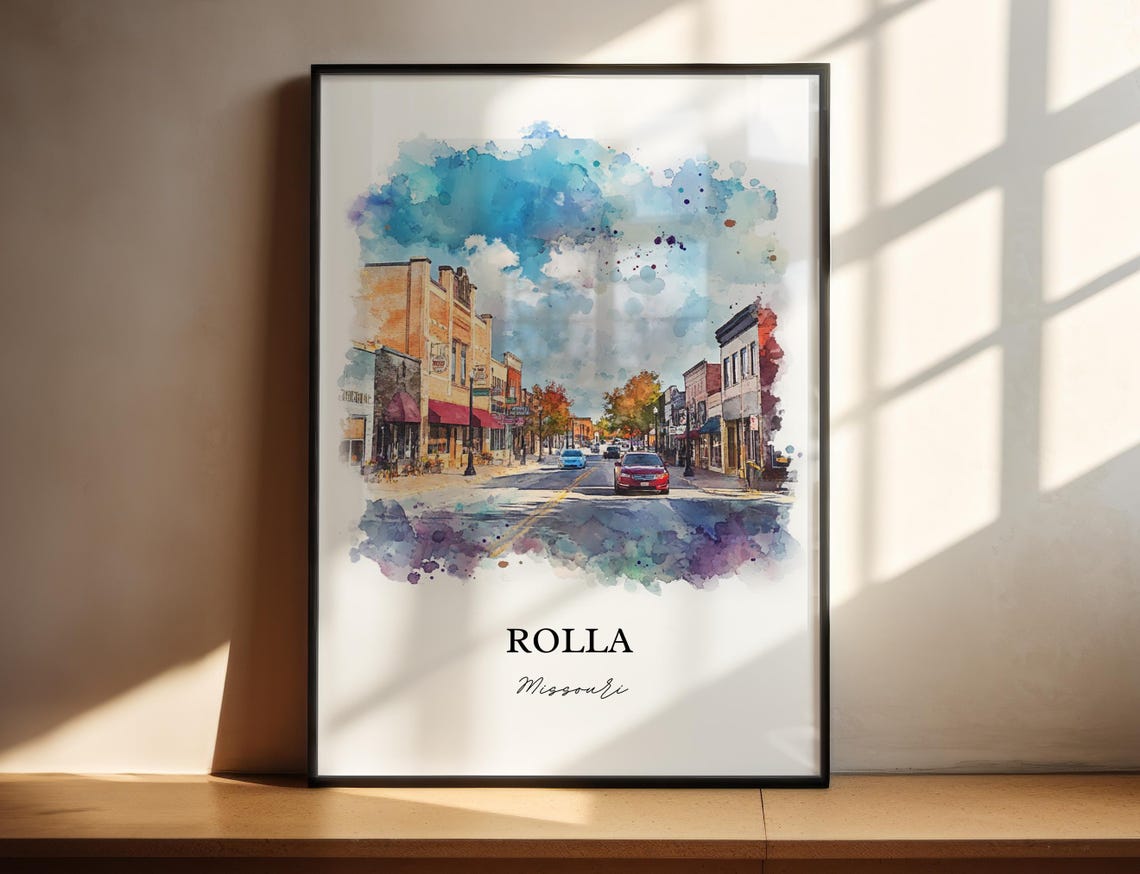 Rolla Missouri Bustling Main Street Autumn Watercolor Poster
