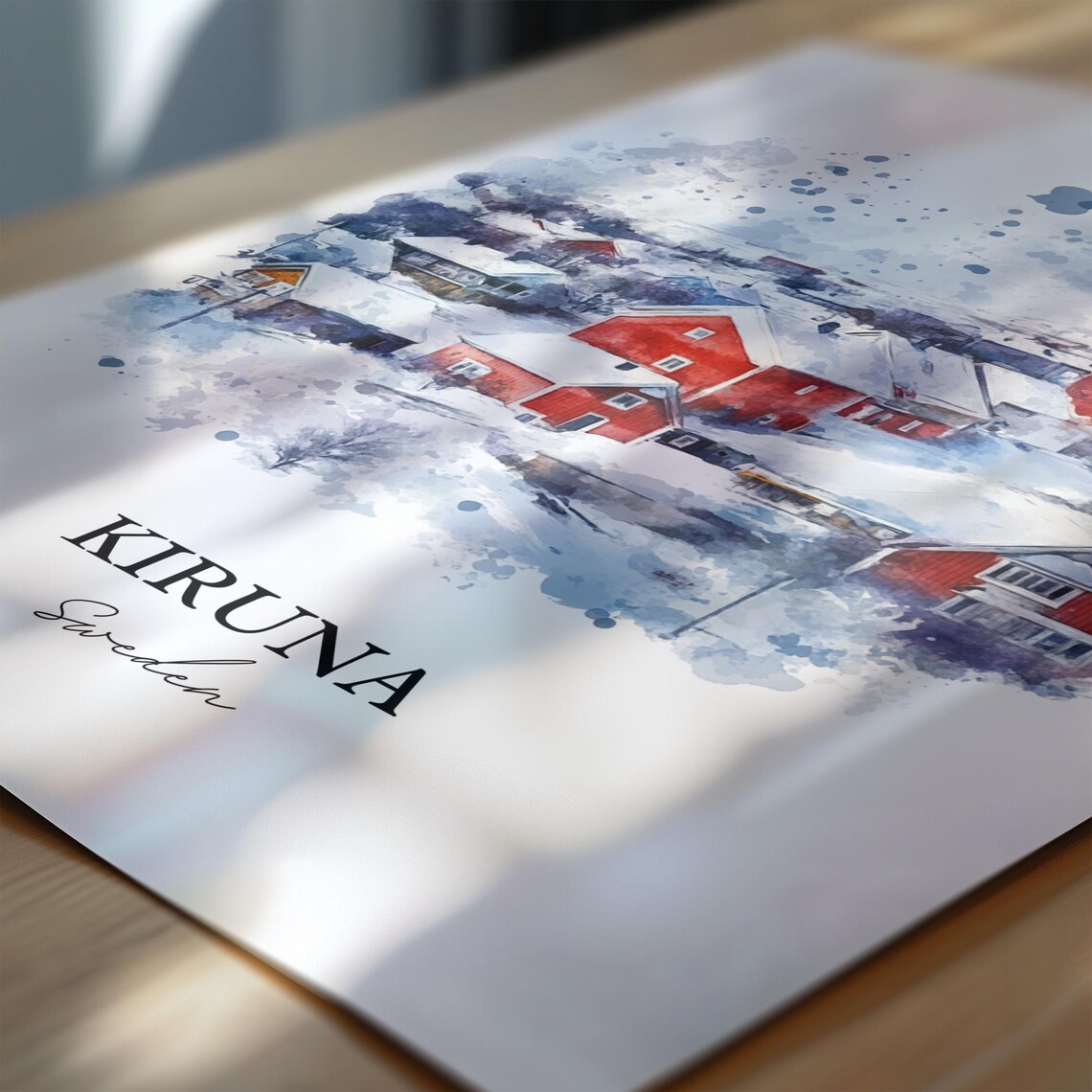 Kiruna Sweden Snowy Village Red Church Watercolor Winter Poster - Image 6