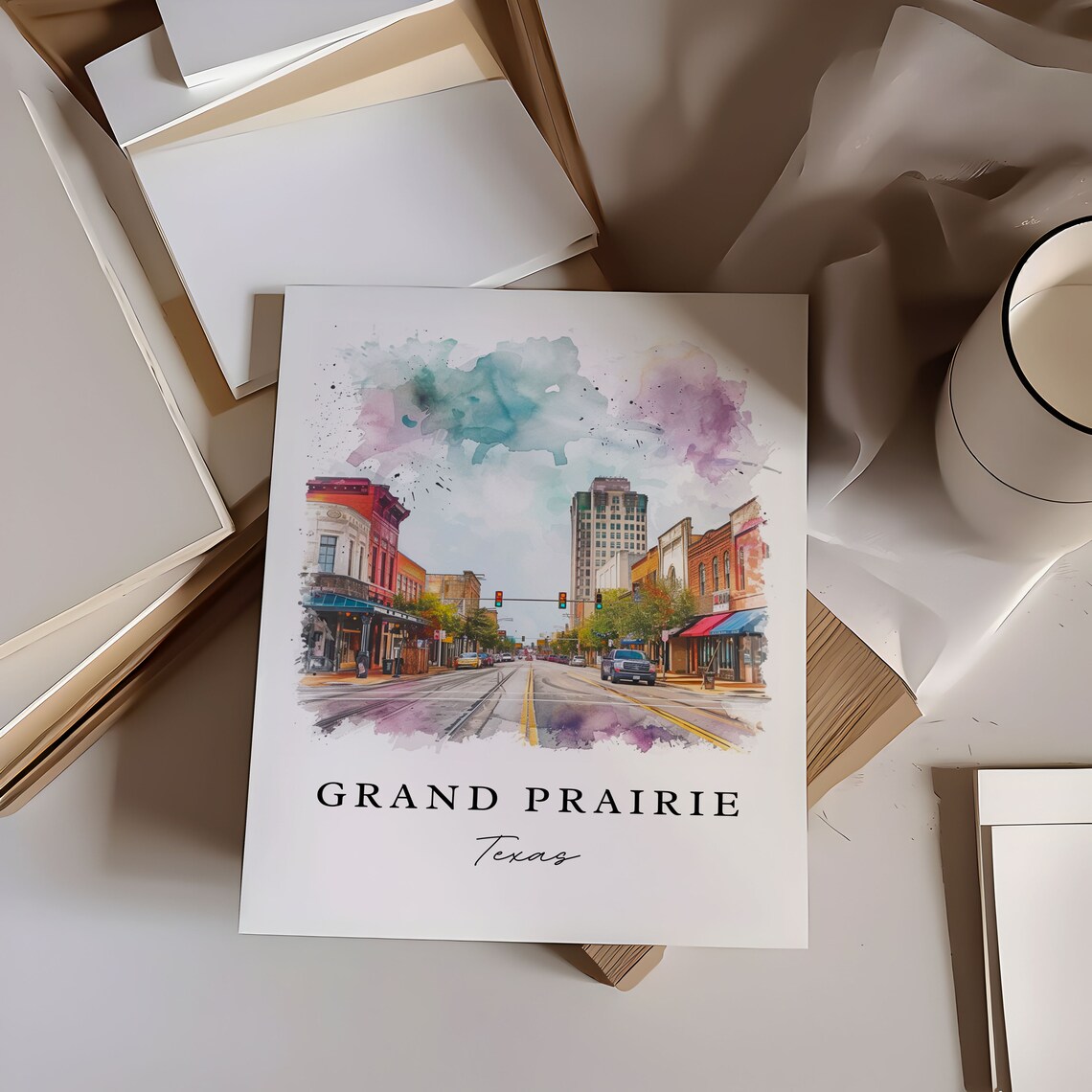Grand Prairie Texas Downtown Main Street Buildings Watercolor Poster - Image 6