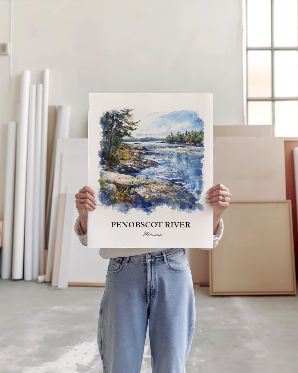 Penobscot River Maine Rocky Banks Pine Forest Watercolor Poster - Image 3