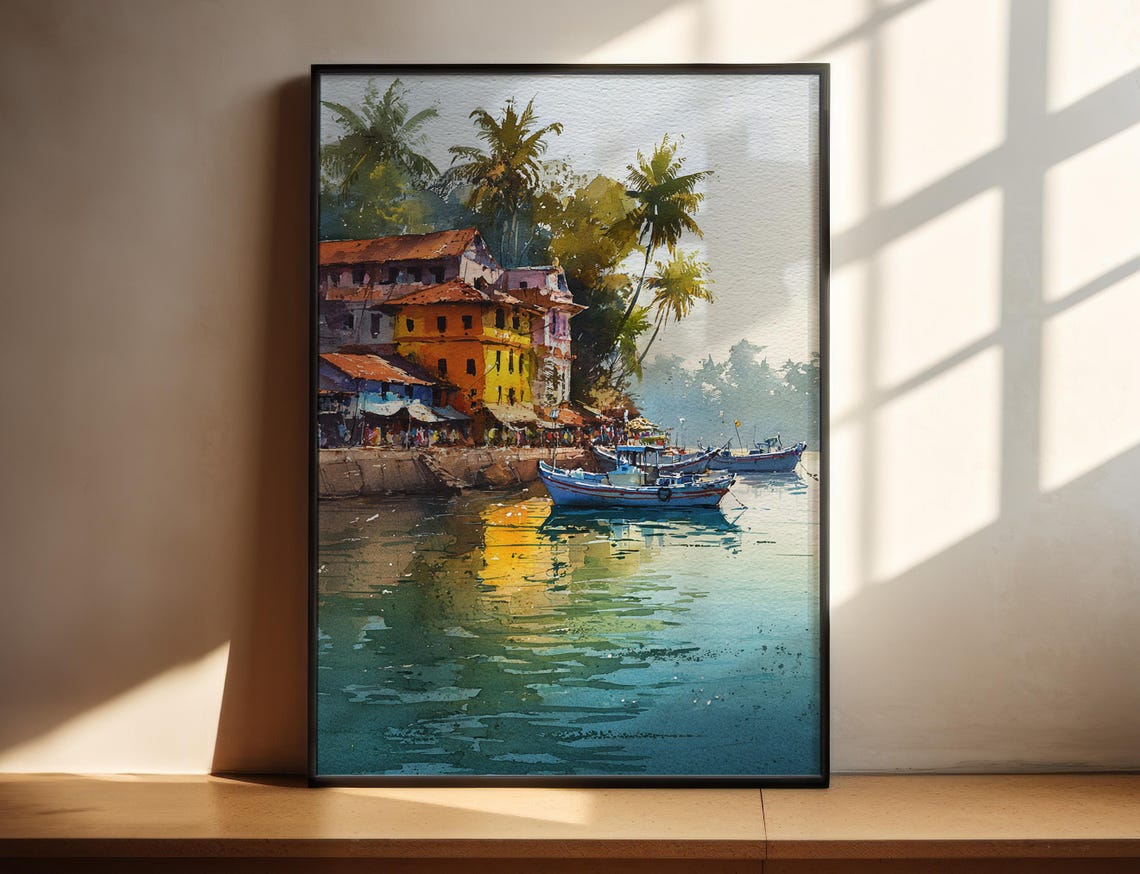 Goa India Fishing Boats and Colorful Shoreline Watercolor Print