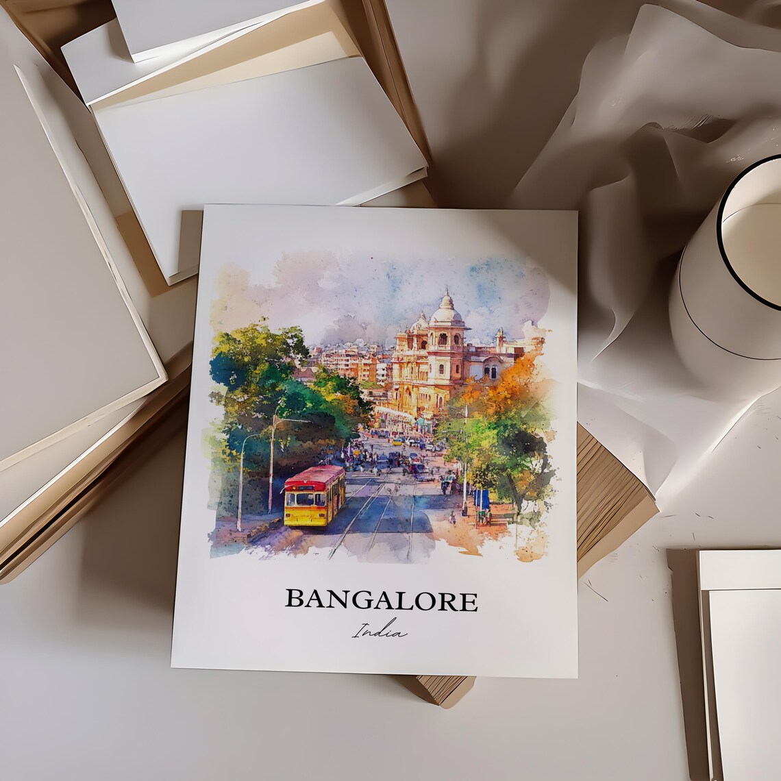 Bangalore India Watercolor City Street Scene Art Travel Poster - Image 3