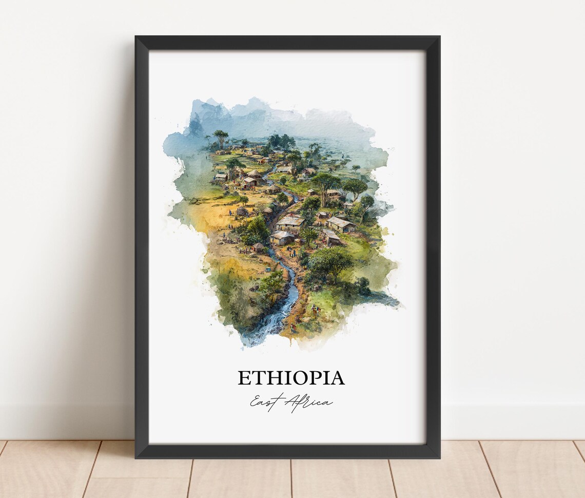 Ethiopia East Africa Highland River Village Watercolor Travel Poster - Image 2