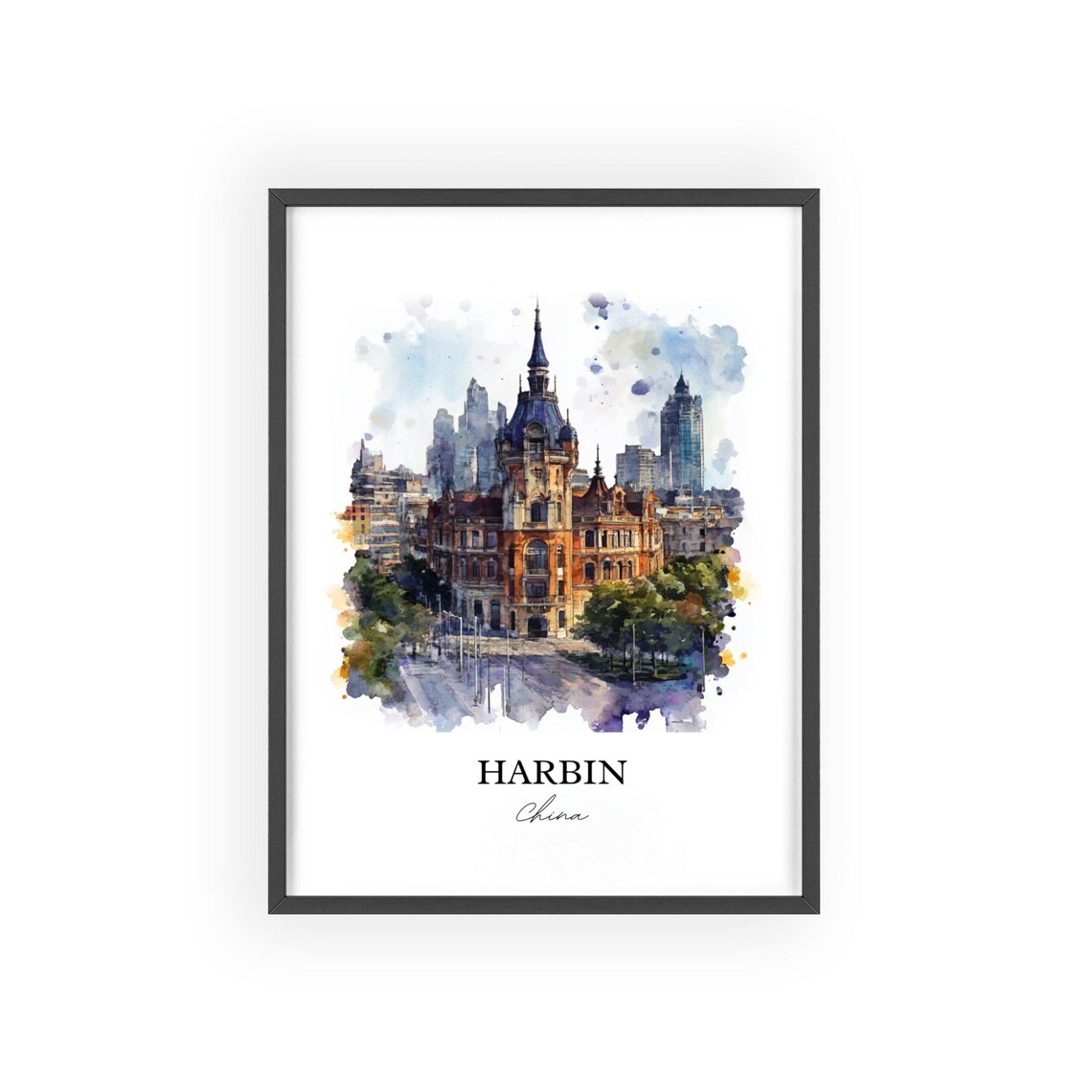 Harbin China Watercolor Historic Building City Skyline Art Poster - Image 2