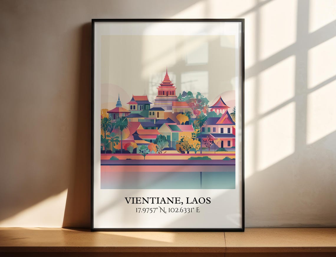 Vientiane Laos Temples Riverside Colorful Cityscape Travel Poster
