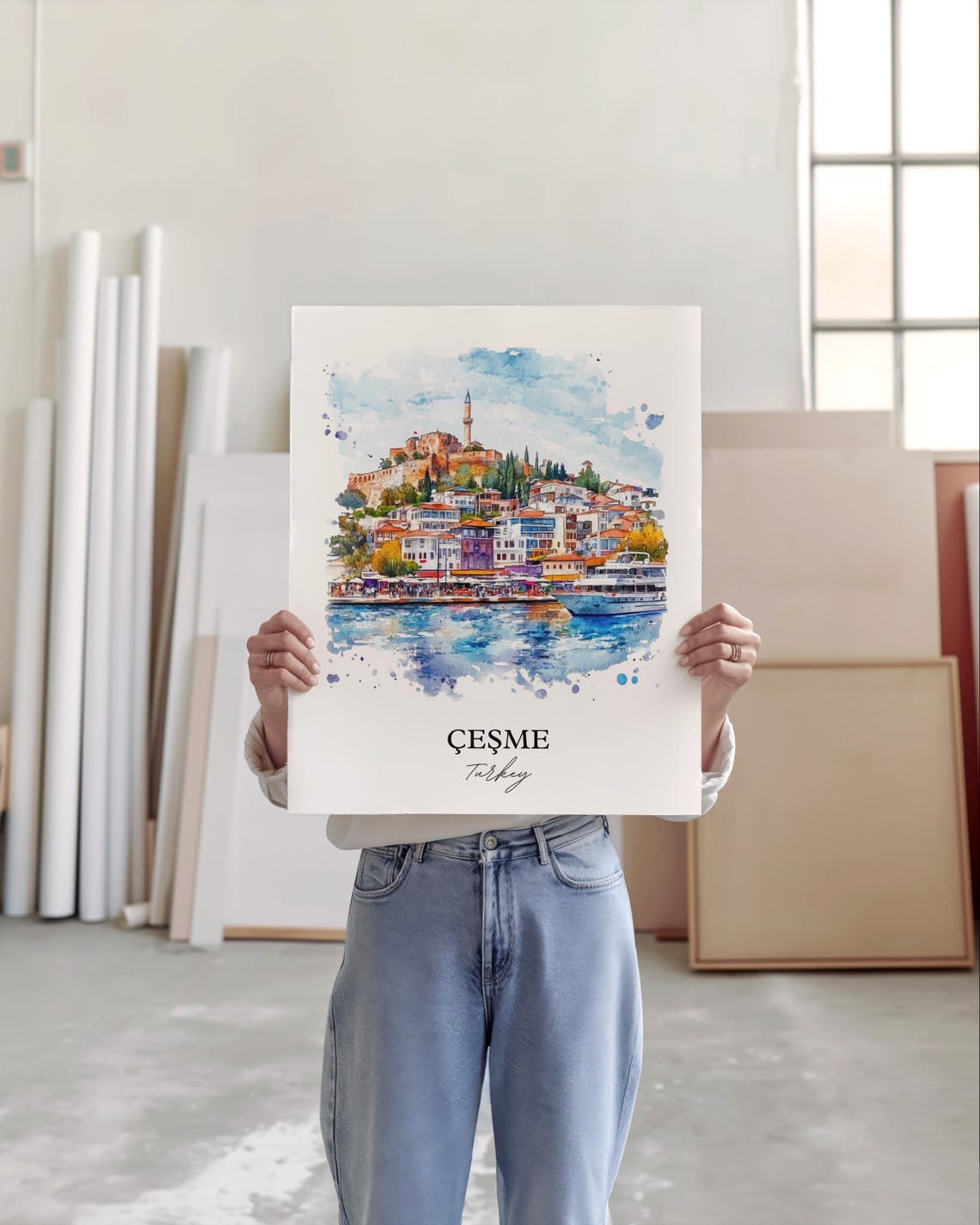 Cesme Turkey Watercolor Old Harbor Castle Coastal Travel Poster - Image 5