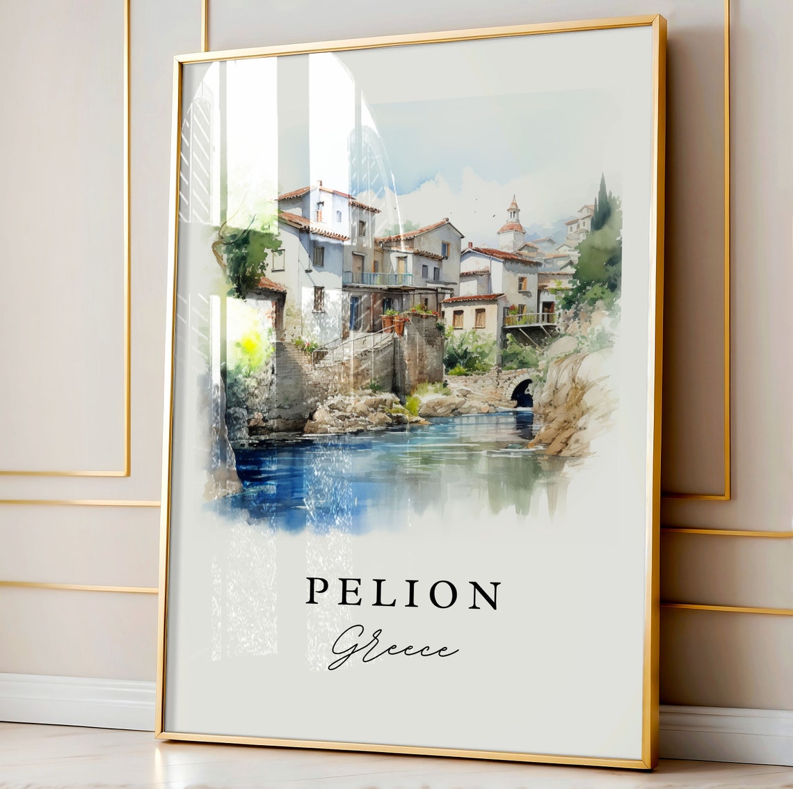 Pelion Greece Watercolor Riverside Village Travel Scene Poster - Image 3