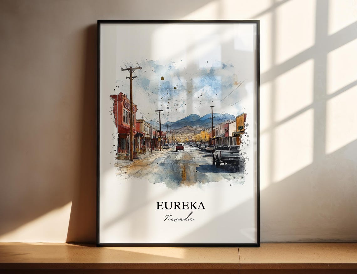Eureka Nevada Main Street Mountain View Watercolor Travel Poster