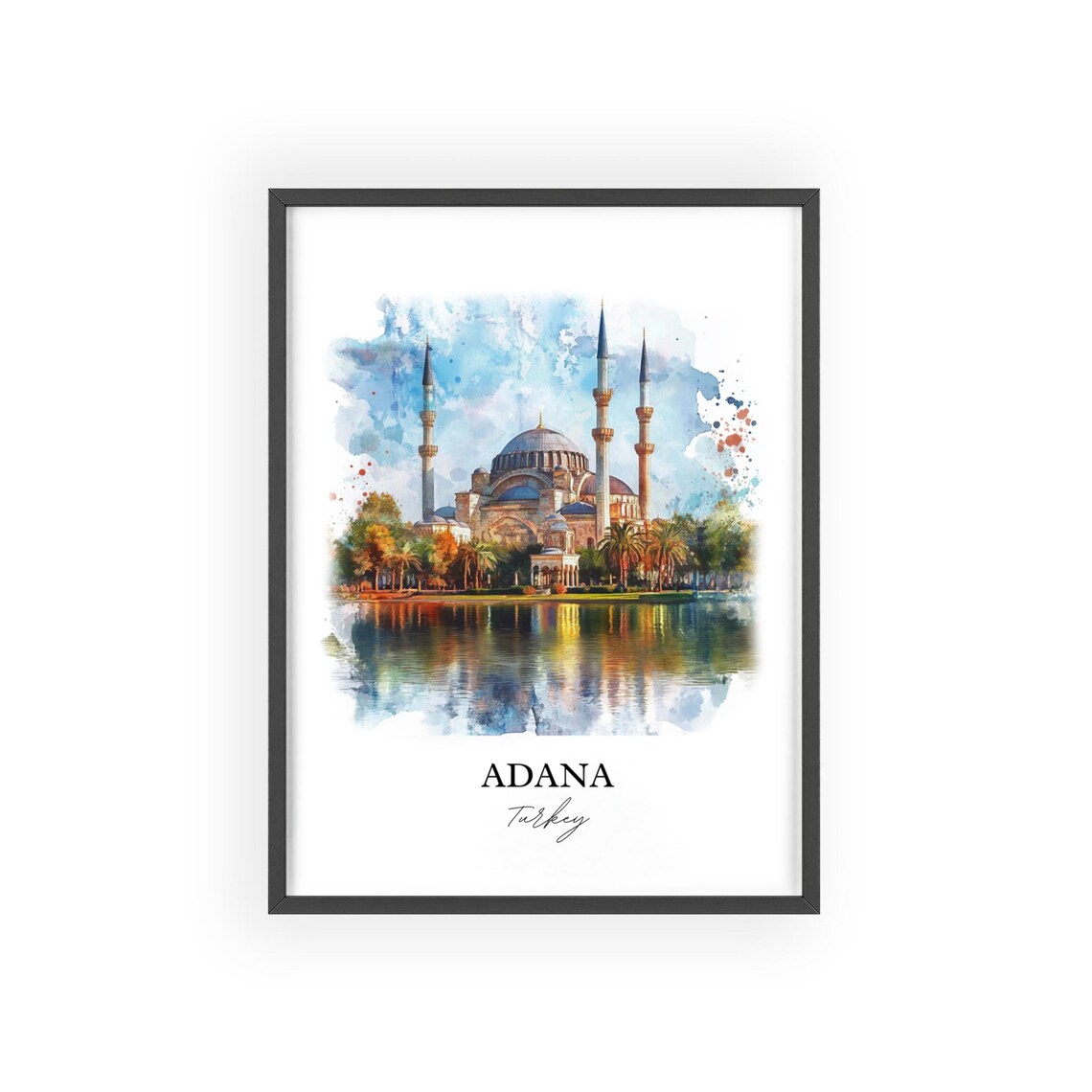 Adana Turkey Watercolor Grand Mosque Riverside Travel Poster - Image 2