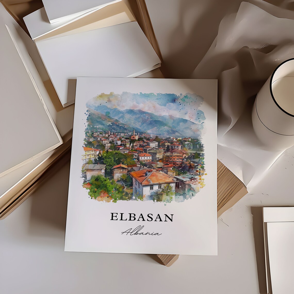 Elbasan Albania Mountain City Rooftops Watercolor Travel Poster - Image 5