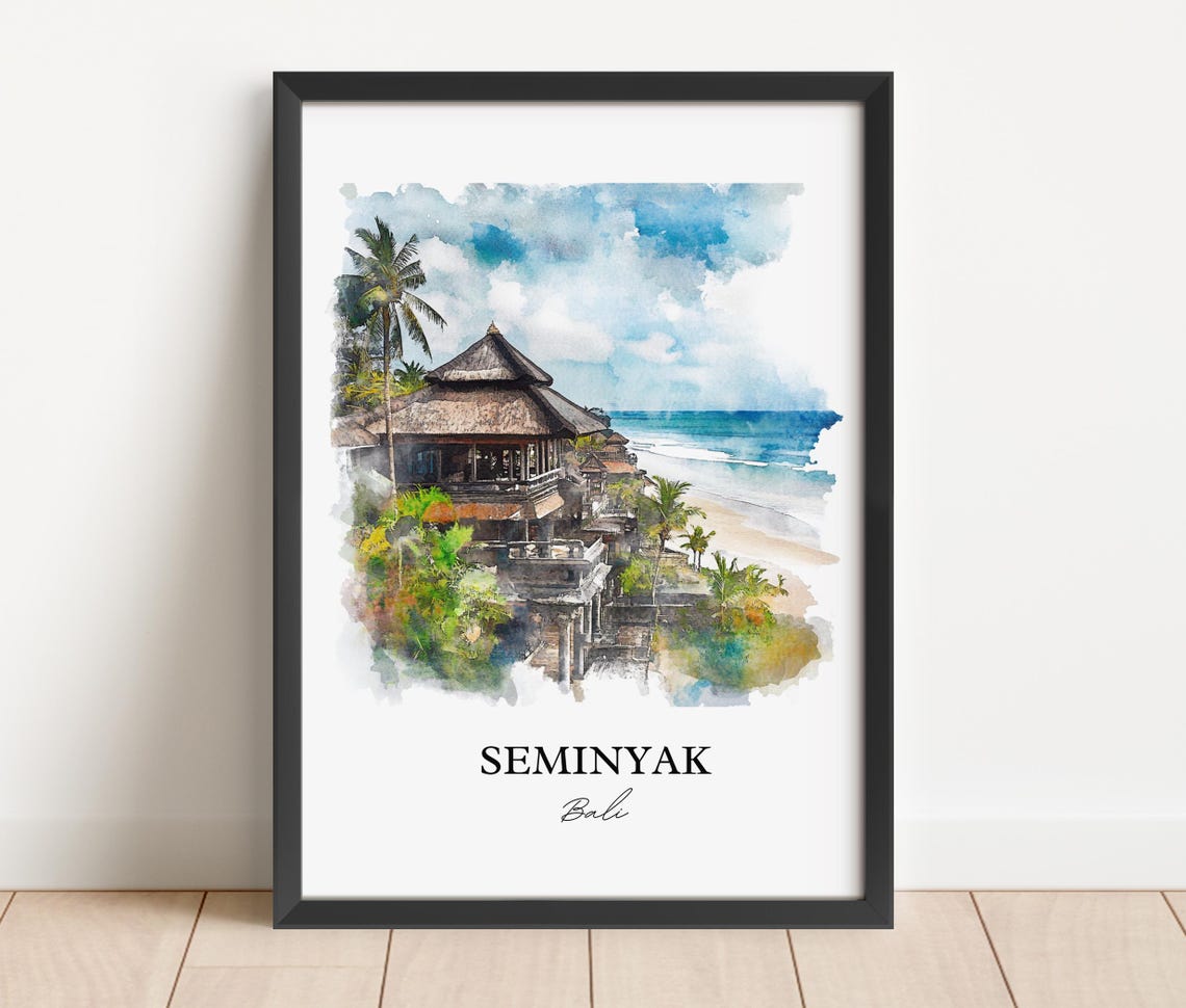 Seminyak Bali Watercolor Beach Temple Ocean Sunset Coast Poster - Image 5