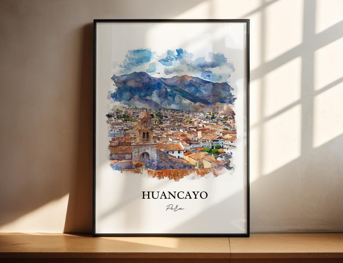 Huancayo Peru Watercolor Cathedral Tower Mountain Town Poster