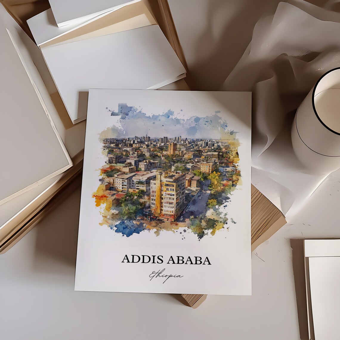 Addis Ababa Ethiopia City Aerial View Watercolor Travel Poster - Image 3