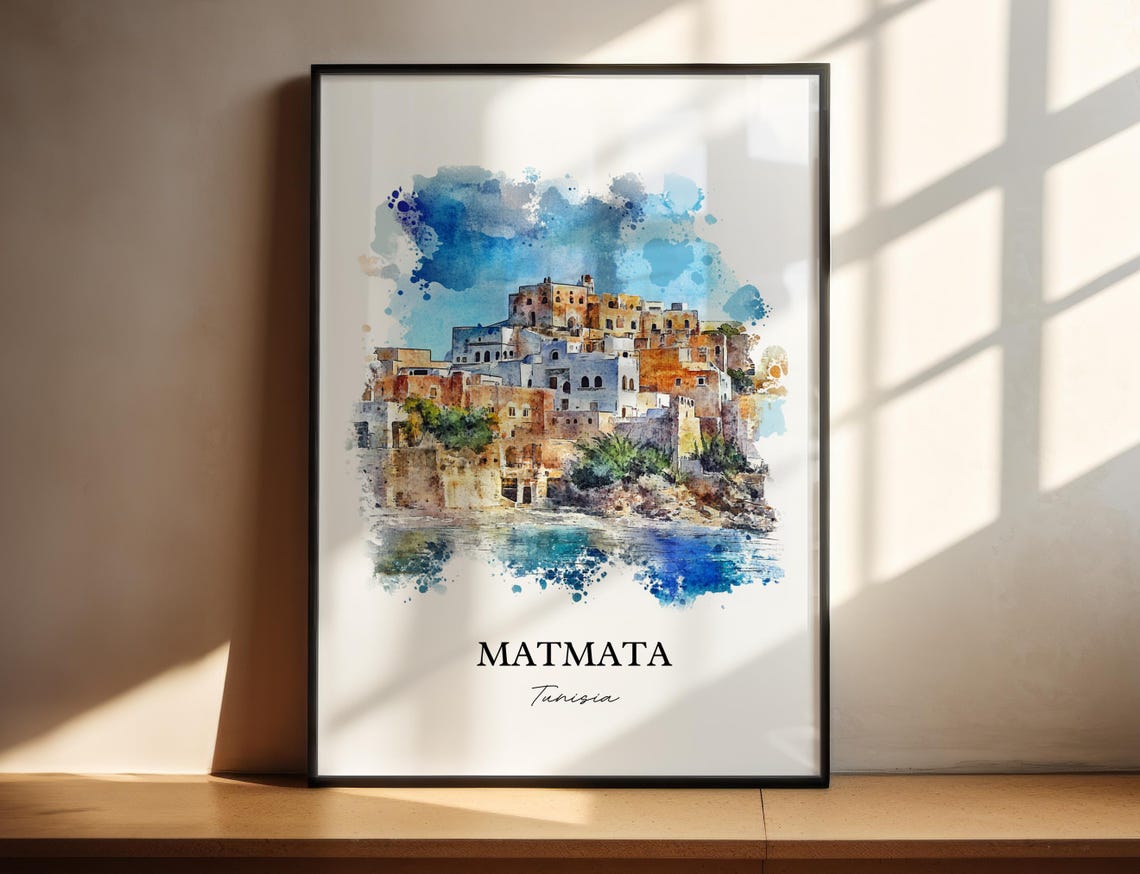 Matmata Tunisia Old Hilltop Village Watercolor Travel Poster