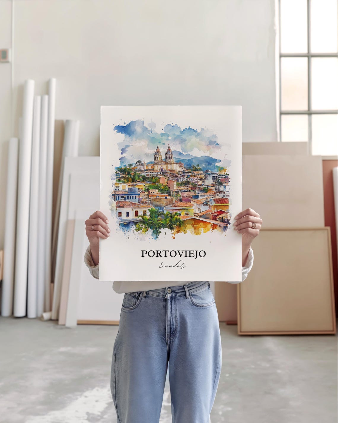 Portoviejo Ecuador Hilltop Town Cathedral Towers Watercolor Poster - Image 2
