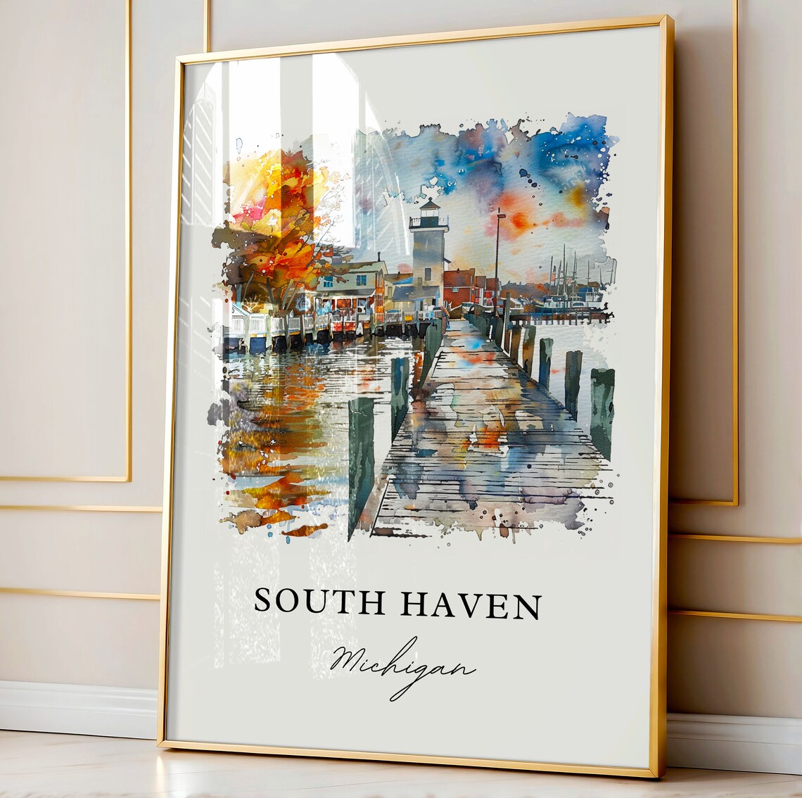 South Haven Michigan Lighthouse Pier Watercolor Harbor Poster - Image 4