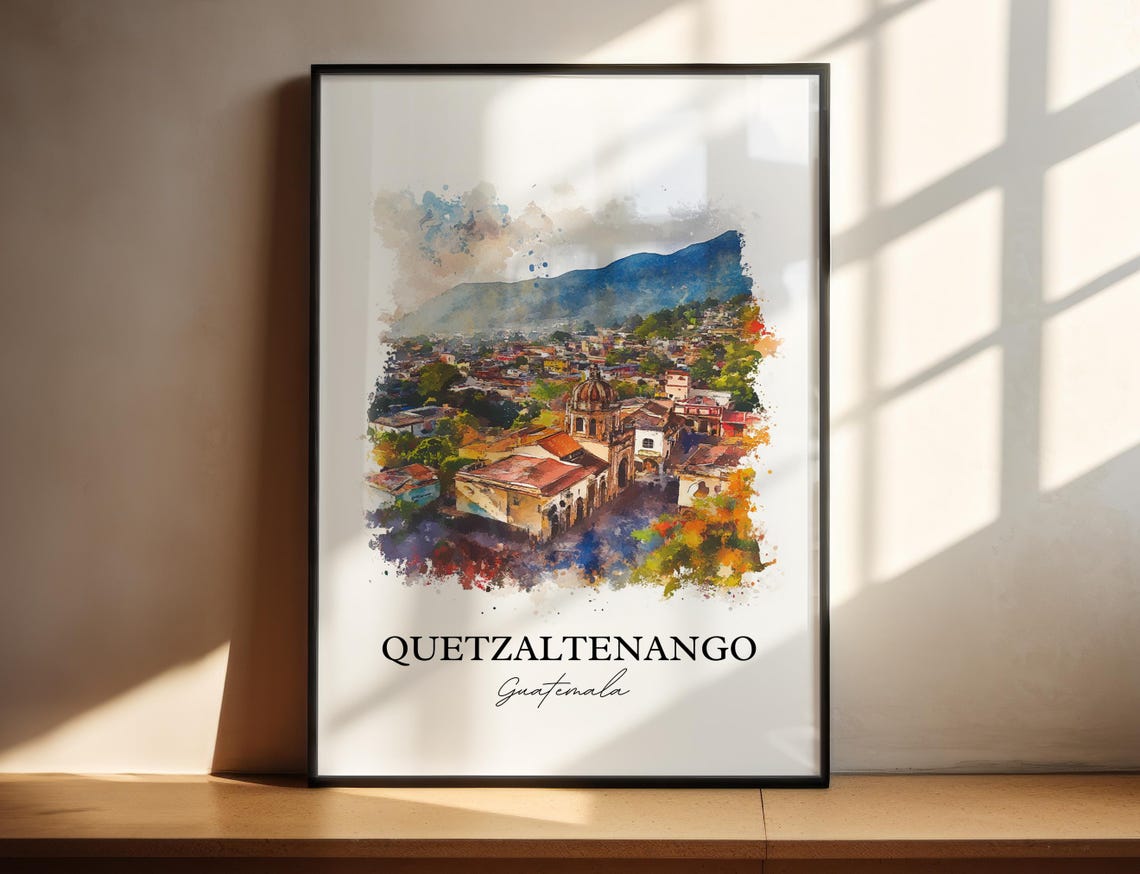 Quetzaltenango Guatemala Church Dome Mountain Town Watercolor Poster
