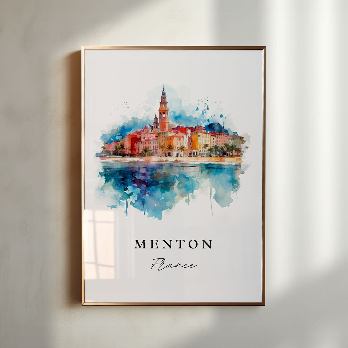 Menton France Watercolor Riviera Old Town Harbor Reflection Poster