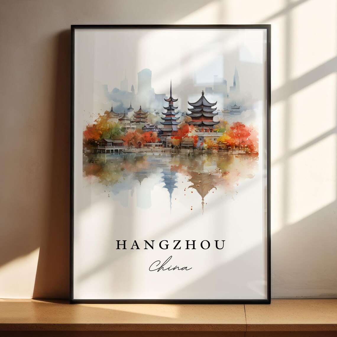 Hangzhou China Watercolor West Lake Pagodas Autumn Travel Poster - Image 5