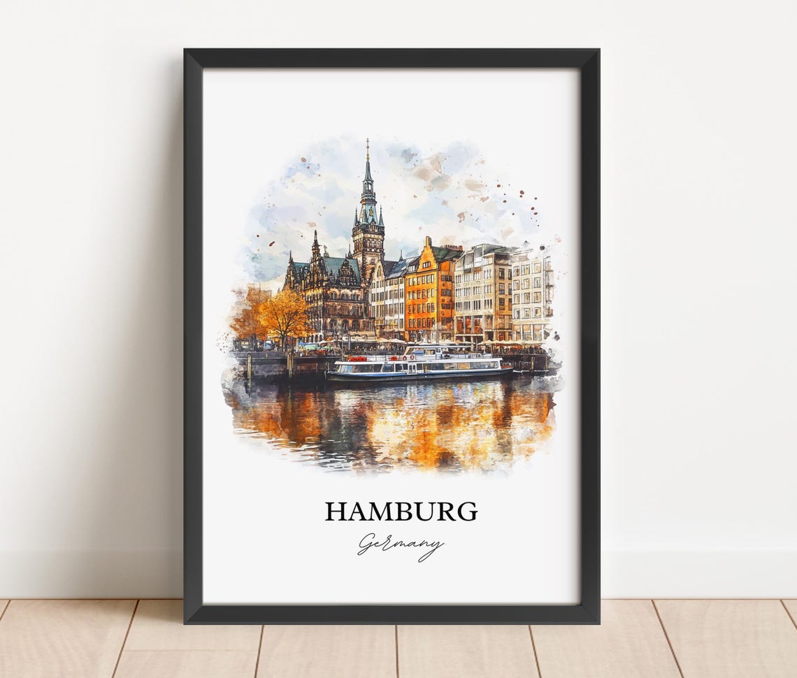 Hamburg Germany Watercolor City Hall Waterfront Boat Reflection Poster - Image 2