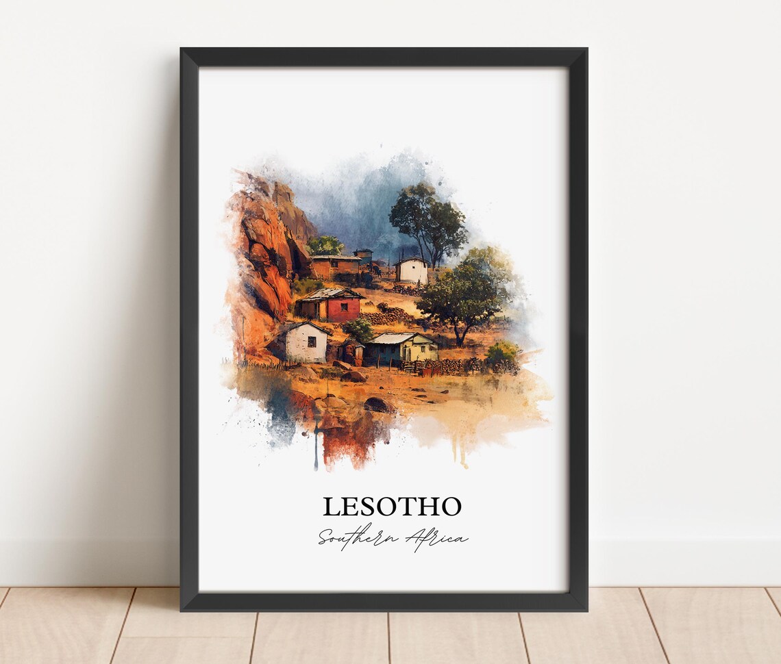 Lesotho Southern Africa Mountain Village Scene Watercolor Poster - Image 4