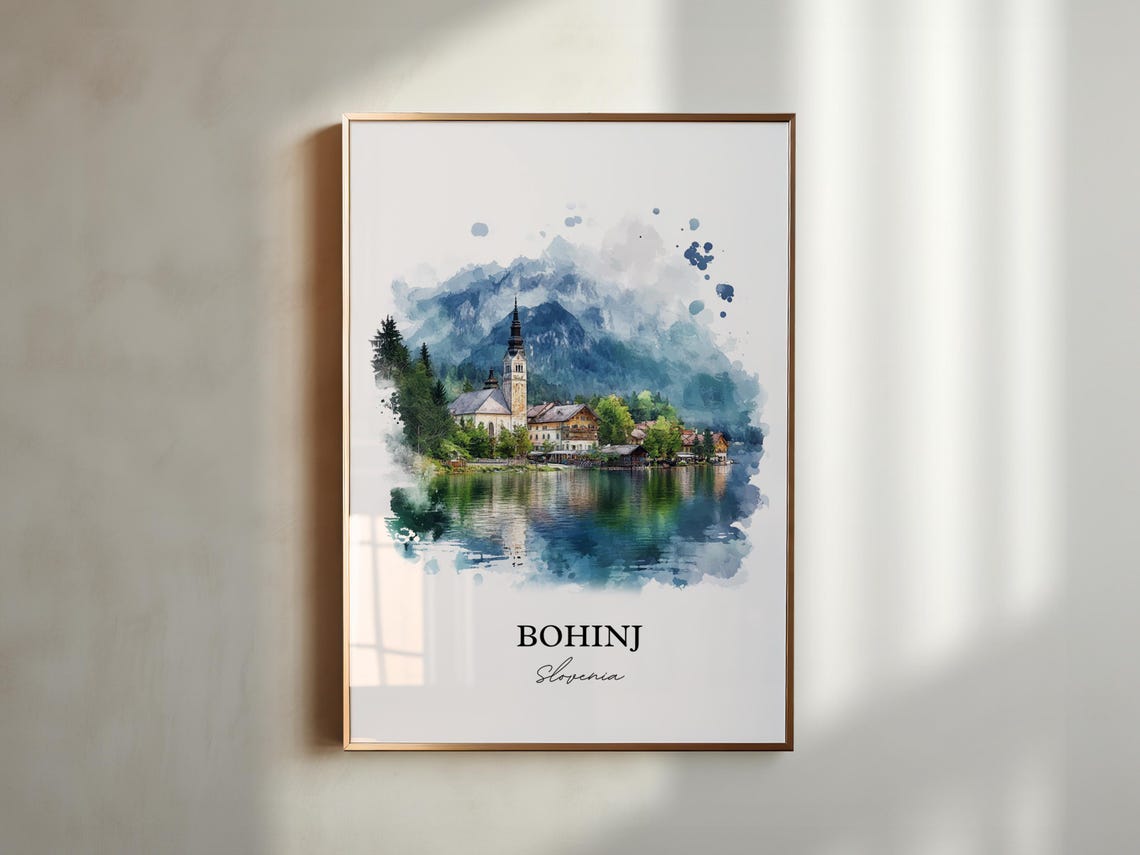 Bohinj Slovenia Watercolor Lake Church Alpine Mountain Poster - Image 5