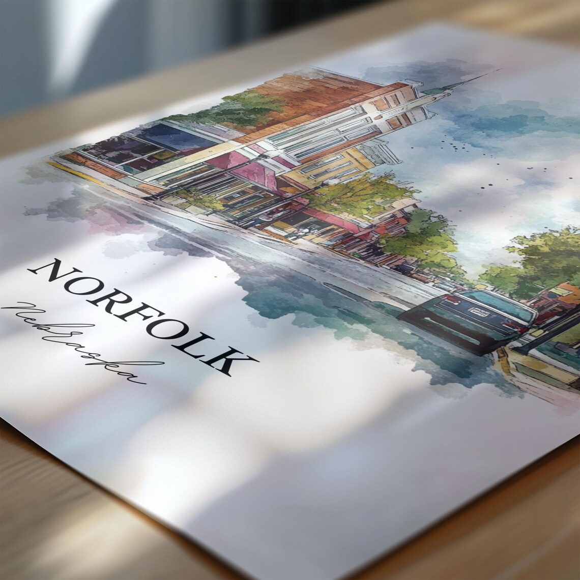 Norfolk Nebraska Charming Downtown Street Scene Watercolor Poster - Image 6