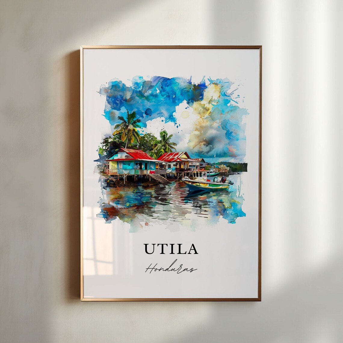 Utila Honduras Caribbean Waterfront Village Watercolor Travel Poster