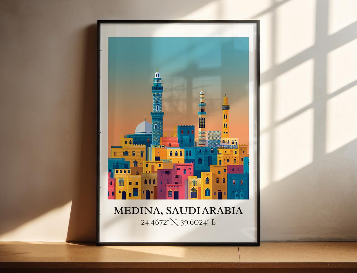 Medina Saudi Arabia Old City Minarets Mosque Retro Travel Art Poster