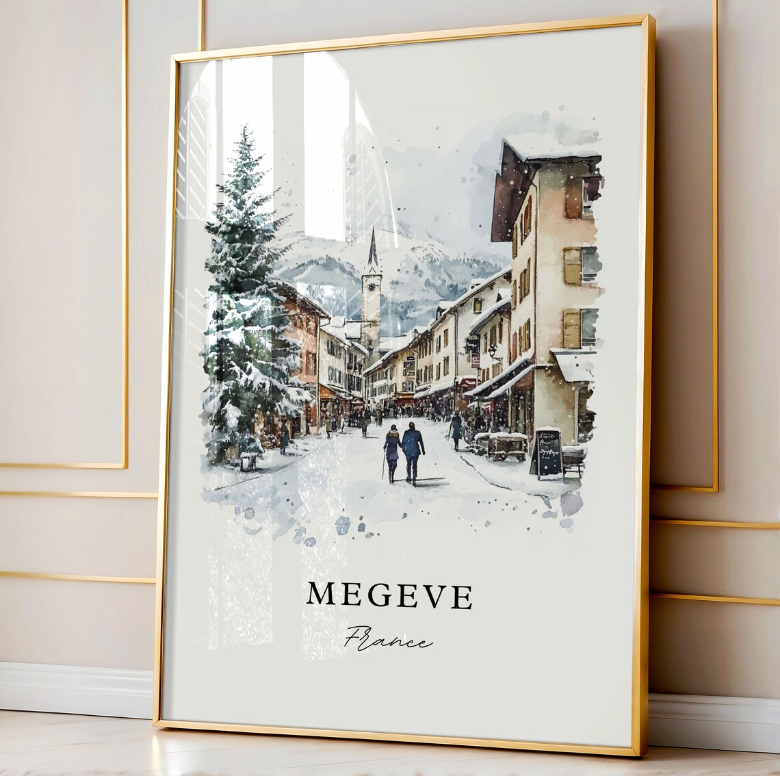 Megeve French Alps Winter Snow Village Watercolor Travel Poster - Image 3