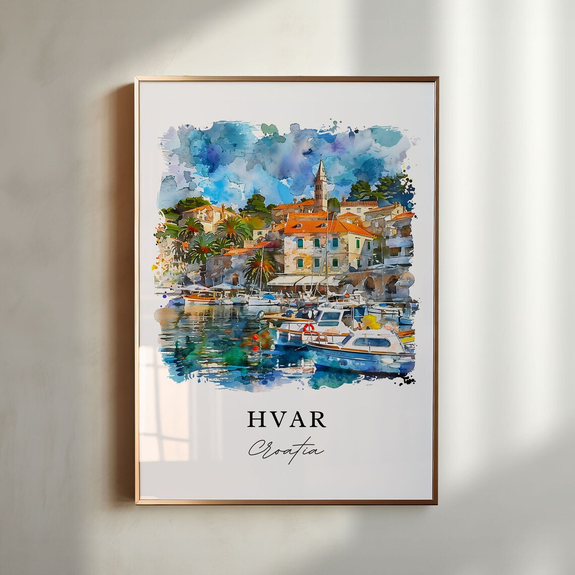 Hvar Croatia Marina Boats Watercolor Minimalist Travel Poster