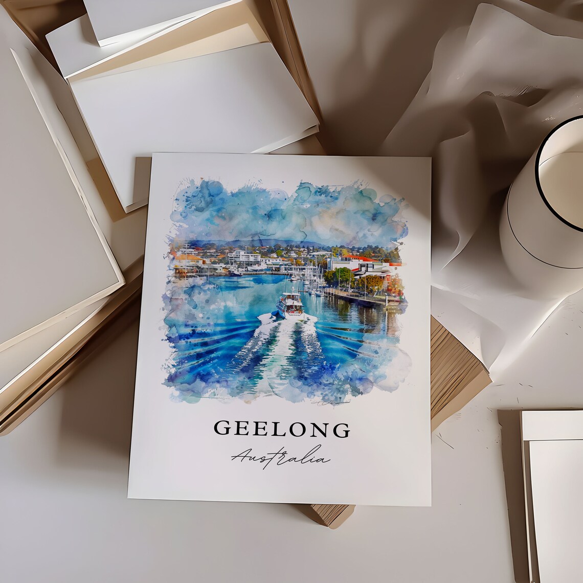 Geelong Australia Corio Bay Boat Harbor Watercolor Art Travel Poster - Image 6