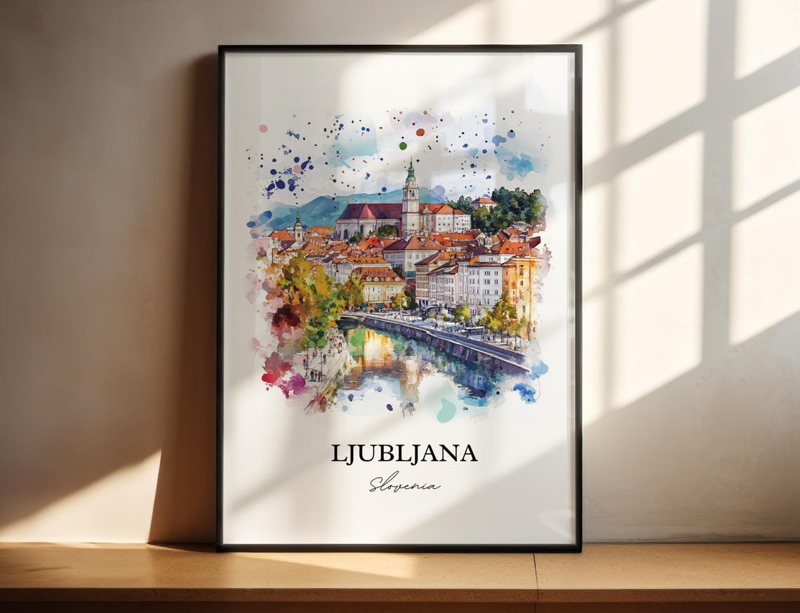 Ljubljana Slovenia Riverside Castle Old Town Watercolor Travel Poster