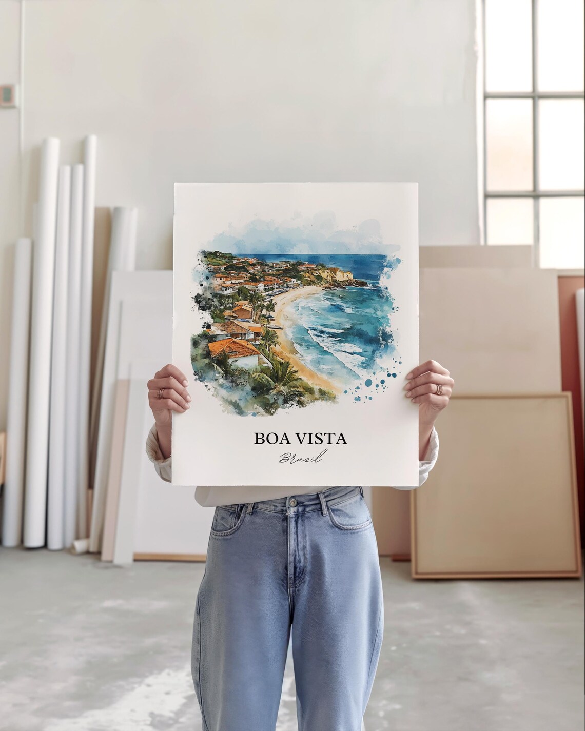 Boa Vista Brazil Watercolor Coastal Beach Town Waves Travel Poster - Image 5