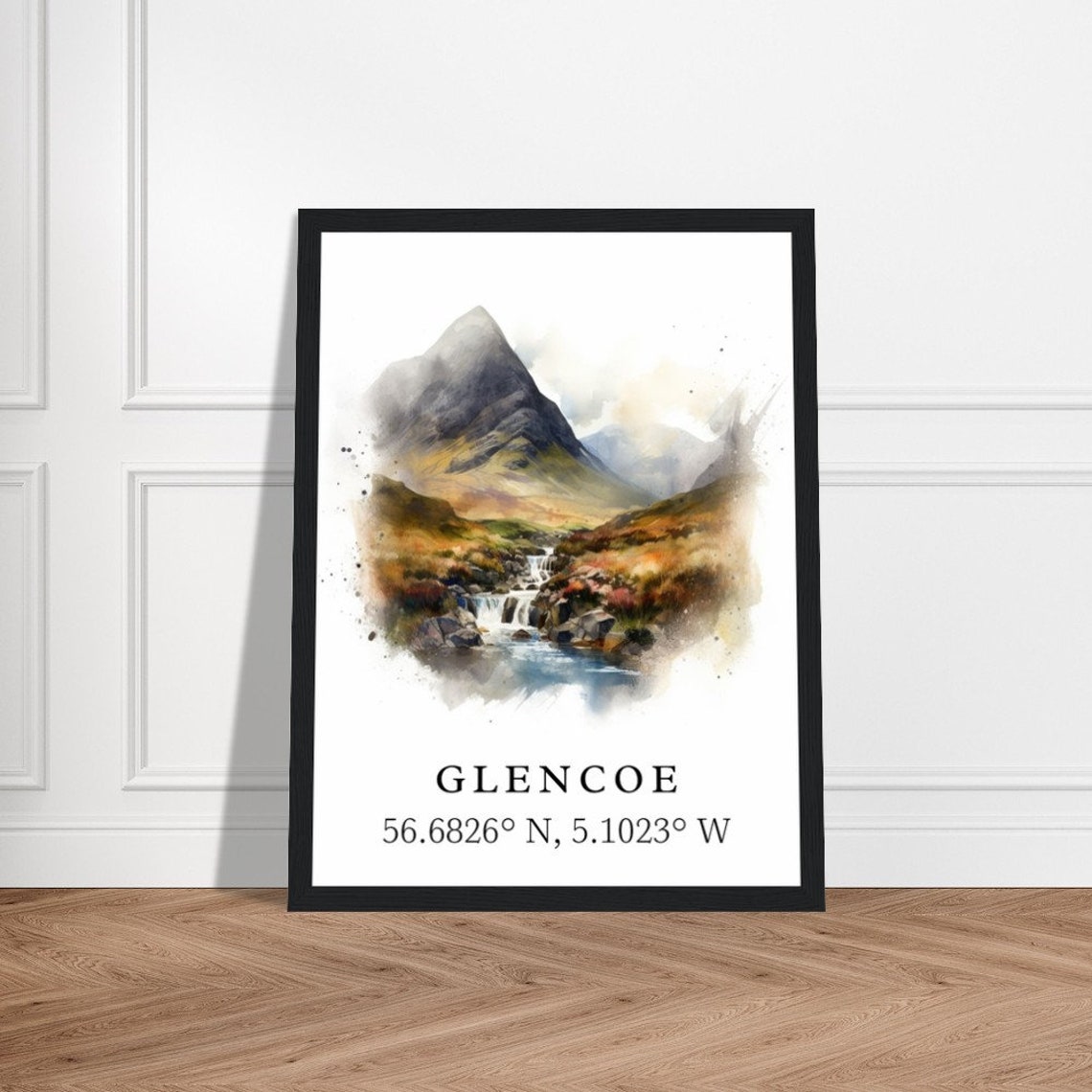 Glencoe Watercolor Mountain Valley Waterfall Scenic Travel Poster