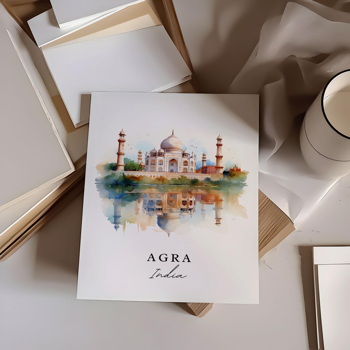 Agra India Watercolor Taj Mahal Reflection Landmark Travel Gift Poster - Image 6