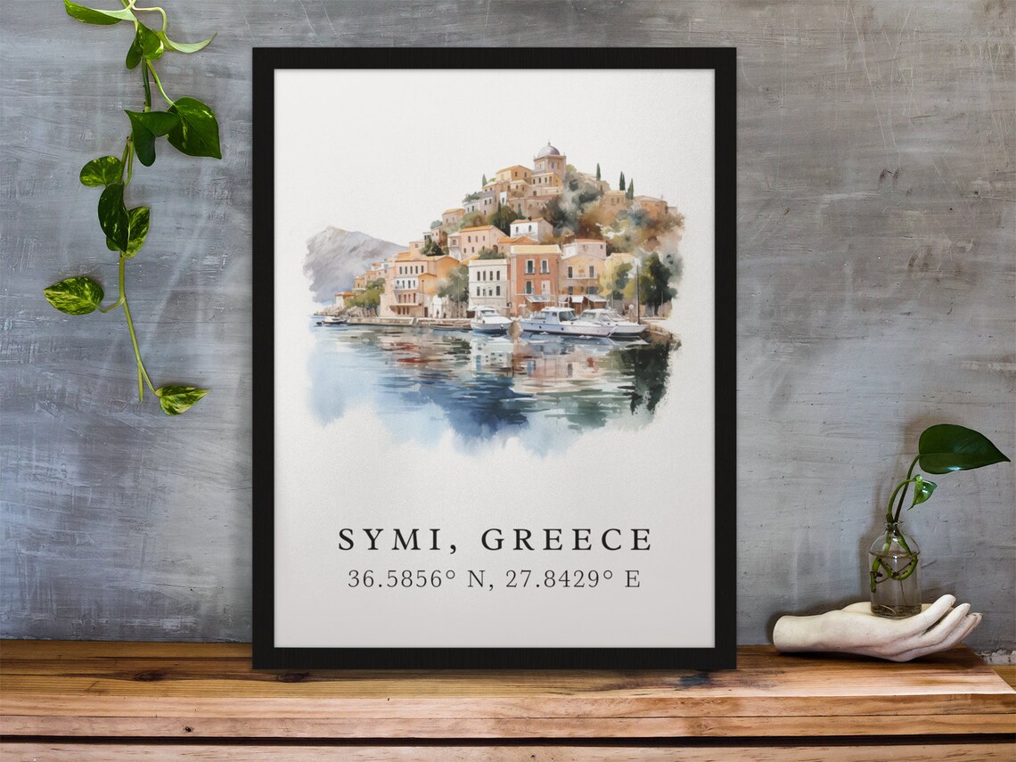 Symi Greece Watercolor Harbor Pastel Houses Fishing Boats Poster