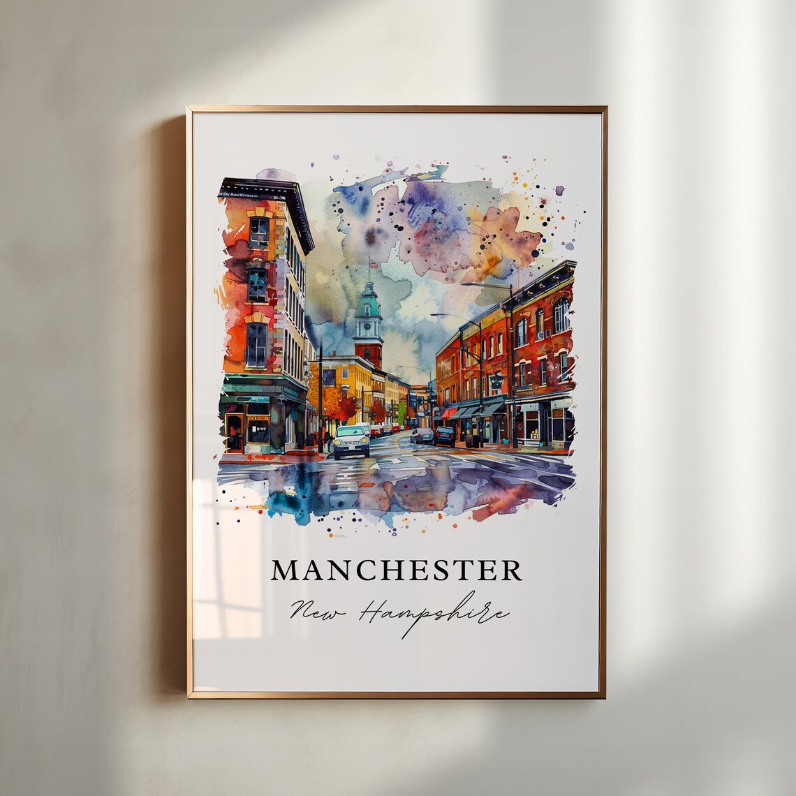 Manchester New Hampshire Downtown Street Watercolor City Poster