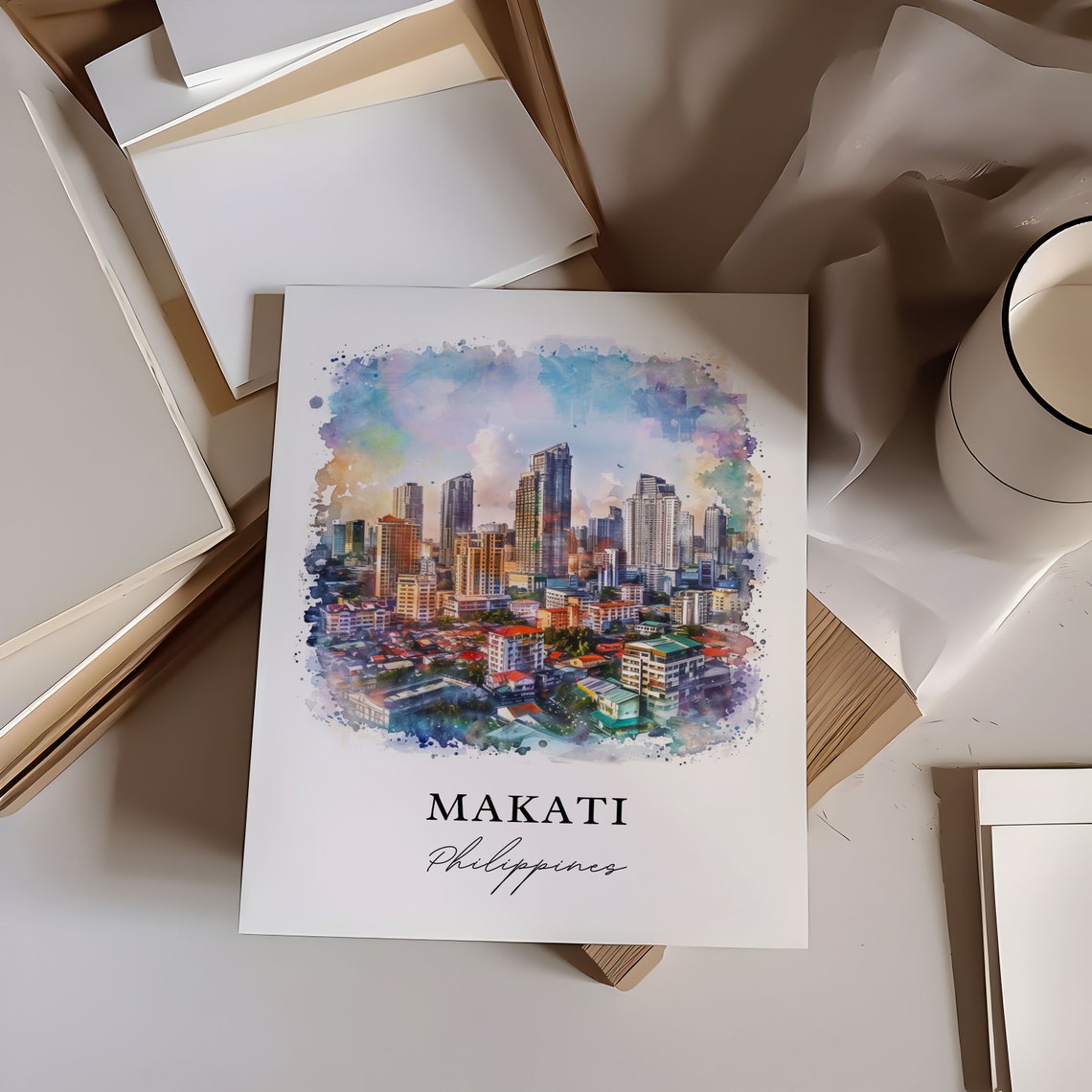 Makati Philippines Watercolor Sunset City Skyline Towers Poster - Image 6