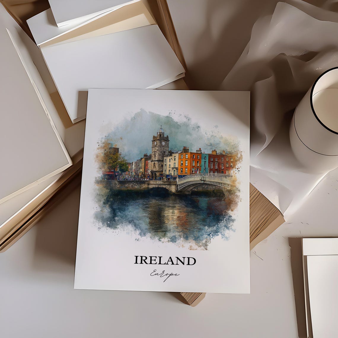 Ireland Dublin Clock Tower Riverside Watercolor Europe Travel Poster - Image 2