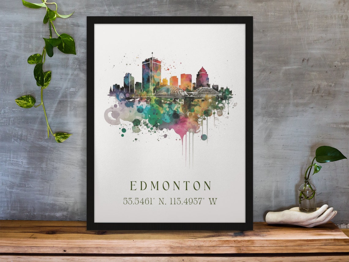 Edmonton Canada Watercolor Skyline Coordinates Travel Poster